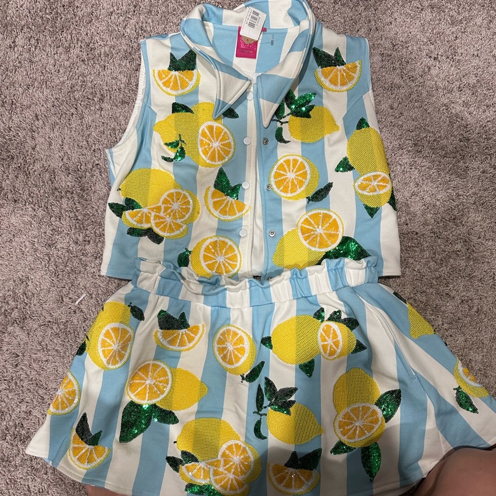 QUEEN OF SPARKLES Lemon Print Blue and White Set